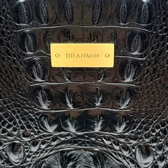 BRAHMIN Black Croc Embossed Crox Leather Shopper's Tote Cognac Leather Strap - Picture 2 of 15